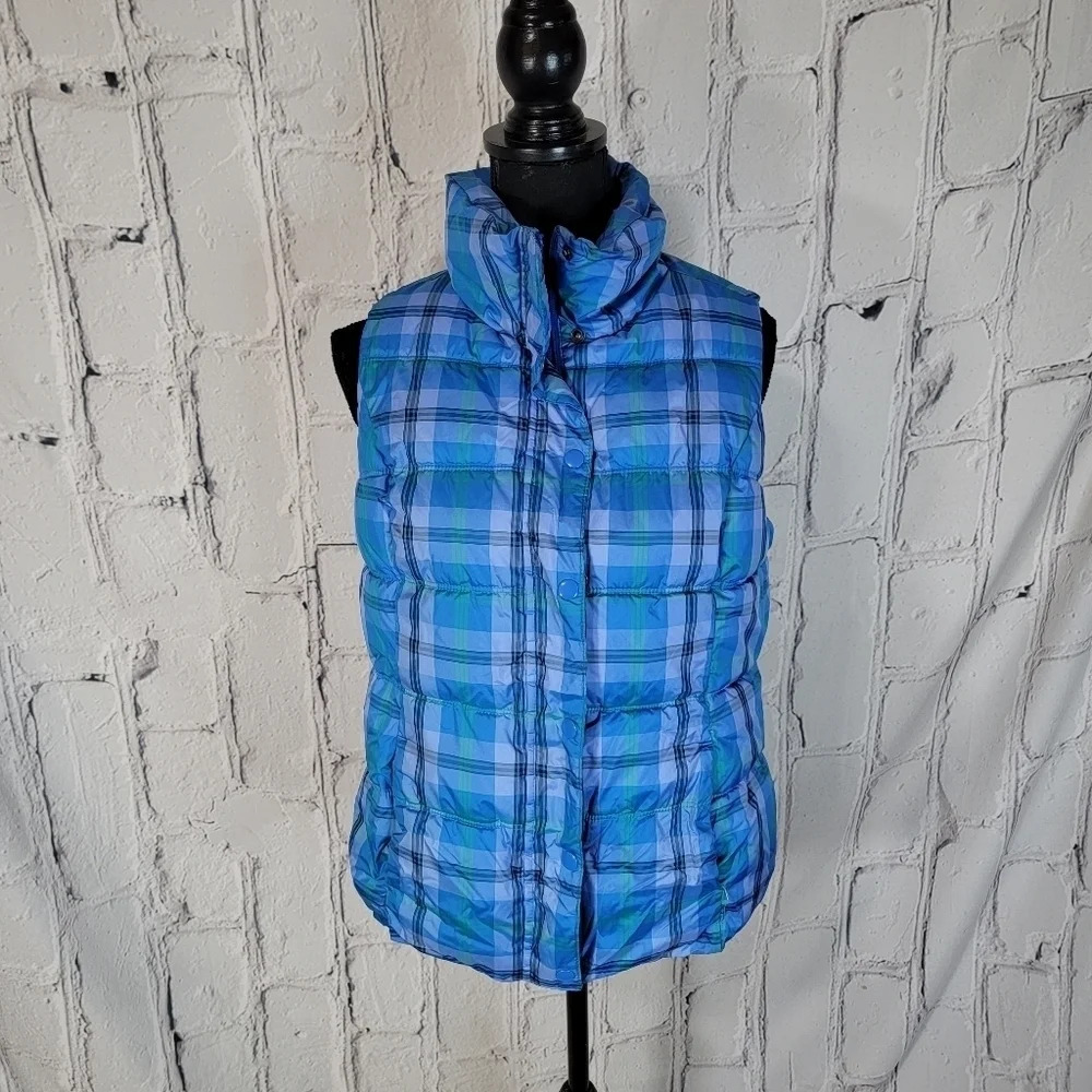 OLD NAVY Puffer Vest Womens Blue Plaid Full Zip Fleece Lined Fall Winter Casual